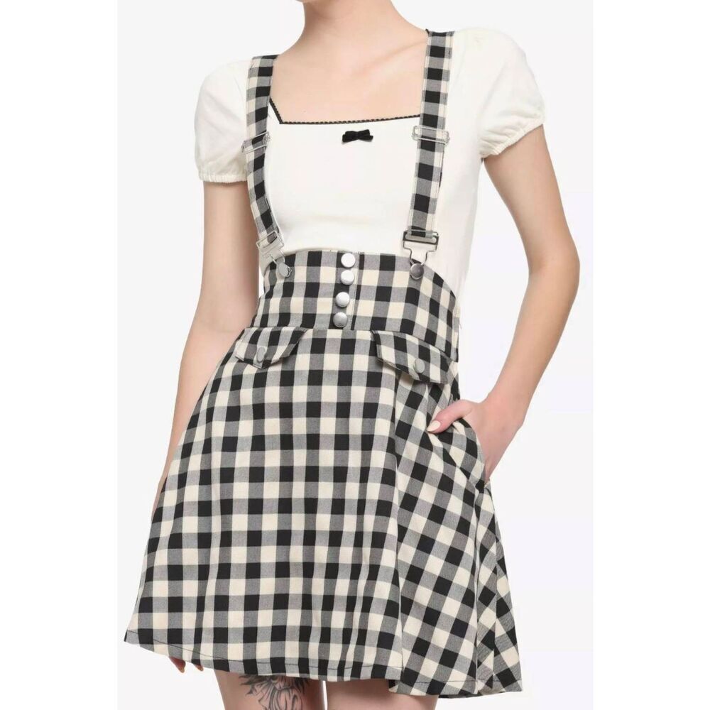 Hot Topic Ivory & Black Plaid Bow Suspender Skirt Jumper Dress